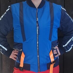 Blue and Navy Bomber Jacket with Orange Accents size L
